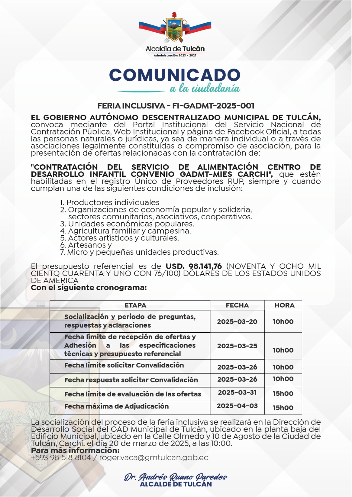 CONTRATACIÓN DEL SERVICIO DE ALIMENTACIÓN CENTRO DE DESARROLLO INFANTIL CONVENIO GADMT-MIES CARCHI.