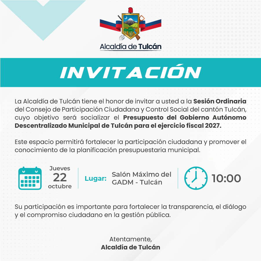 INVITACIÓN A LA SESIÓN ORDINARIA DEL CONSEJO PARTICIPACIÓN CIUDADANA Y CONTROL SOCIAL DEL CANTÓN TULCÁN